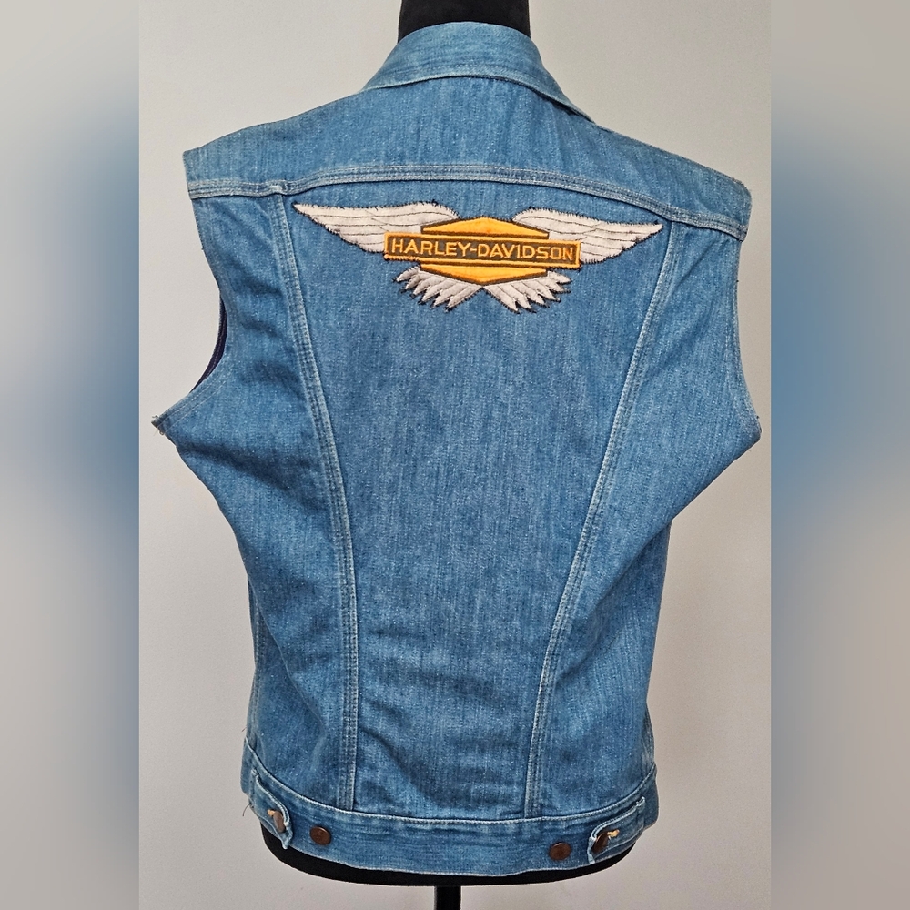 Wrangler Vintage 70s Cut-Off Denim Jacket Vest w/ Harley Davidson Vintage Patch - Picture 3 of 11